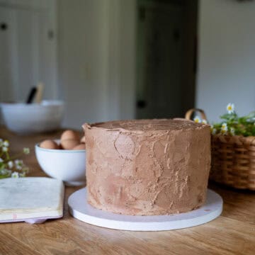 Rustic homemade chocolate layer cake with buttercream frosting on a wooden table, surrounded by fresh eggs, chamomile flowers, and a handwritten recipe notebook in a cozy cottage kitchen.