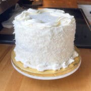 A close-up of a finished three-layer coconut cake on a kitchen counter, coated in shredded coconut with piped buttercream borders and a smooth frosted top.